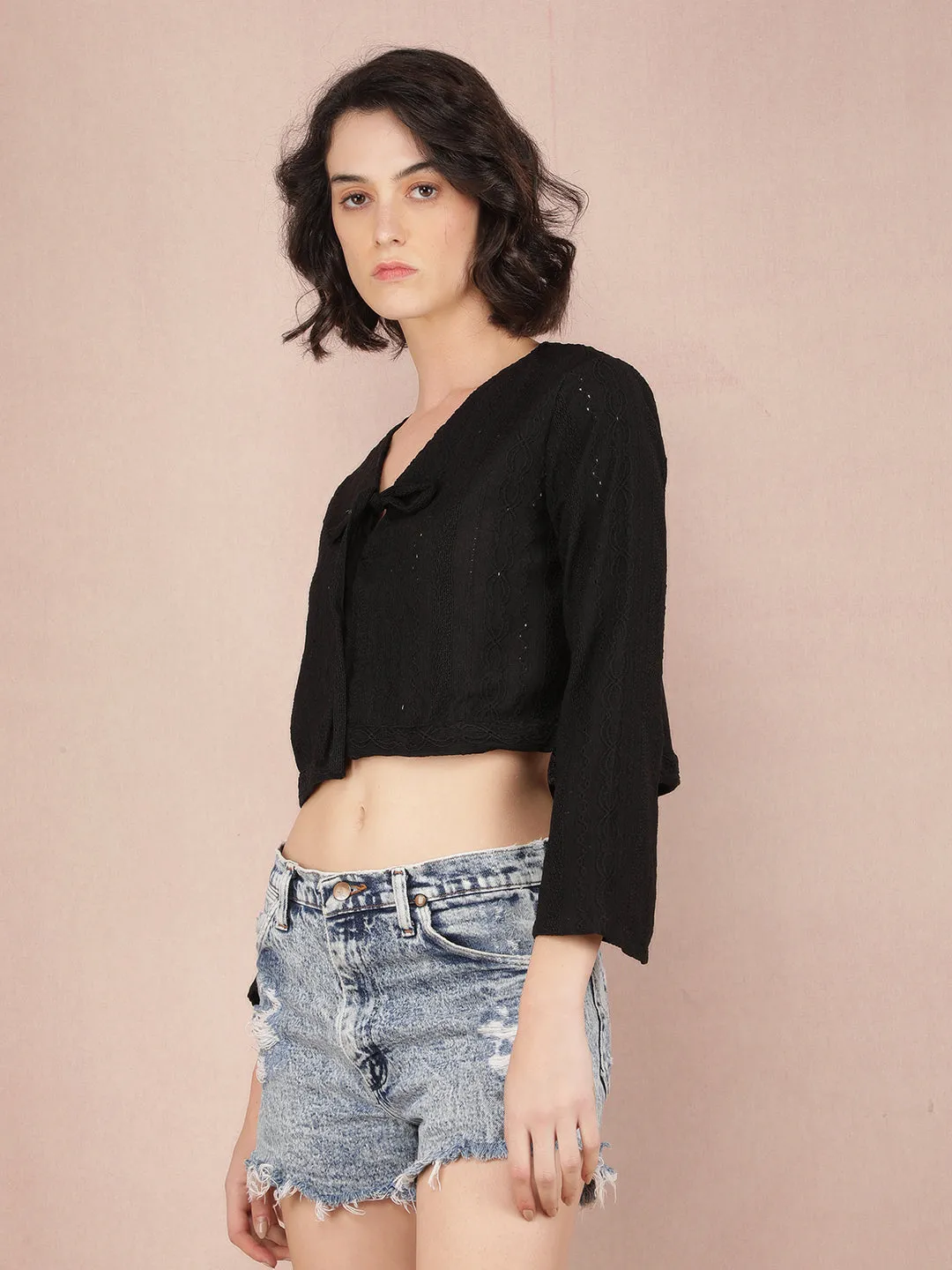 Black Jacquard V-Neck Crop Length Top
