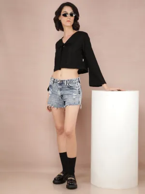 Black Jacquard V-Neck Crop Length Top