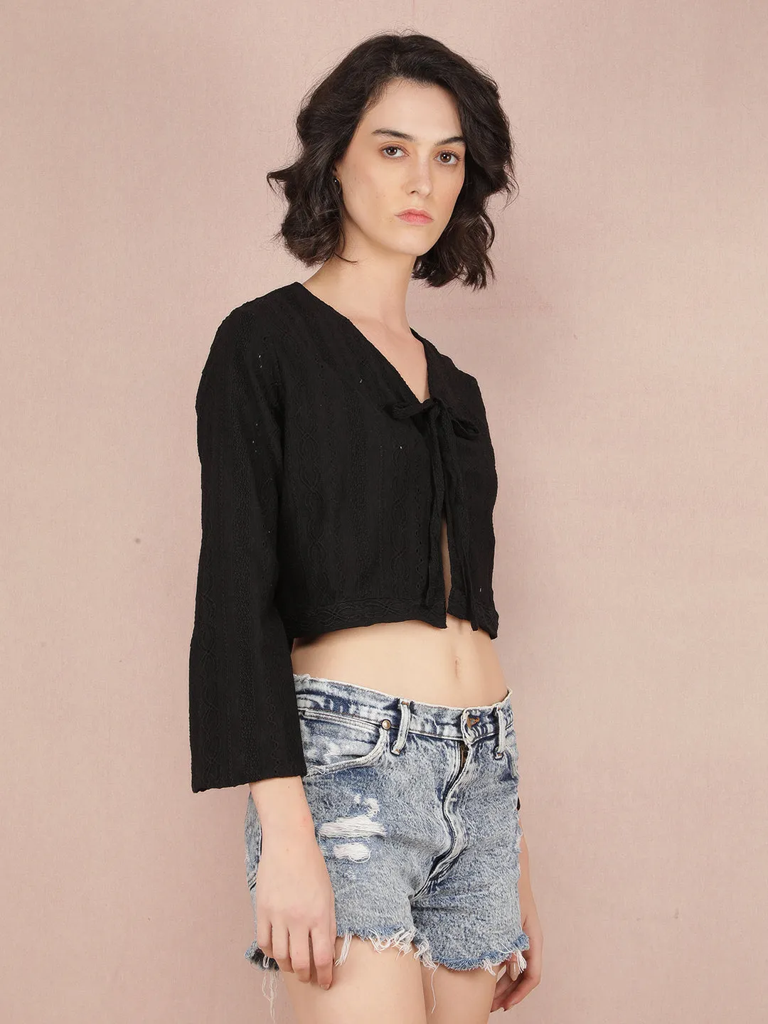 Black Jacquard V-Neck Crop Length Top