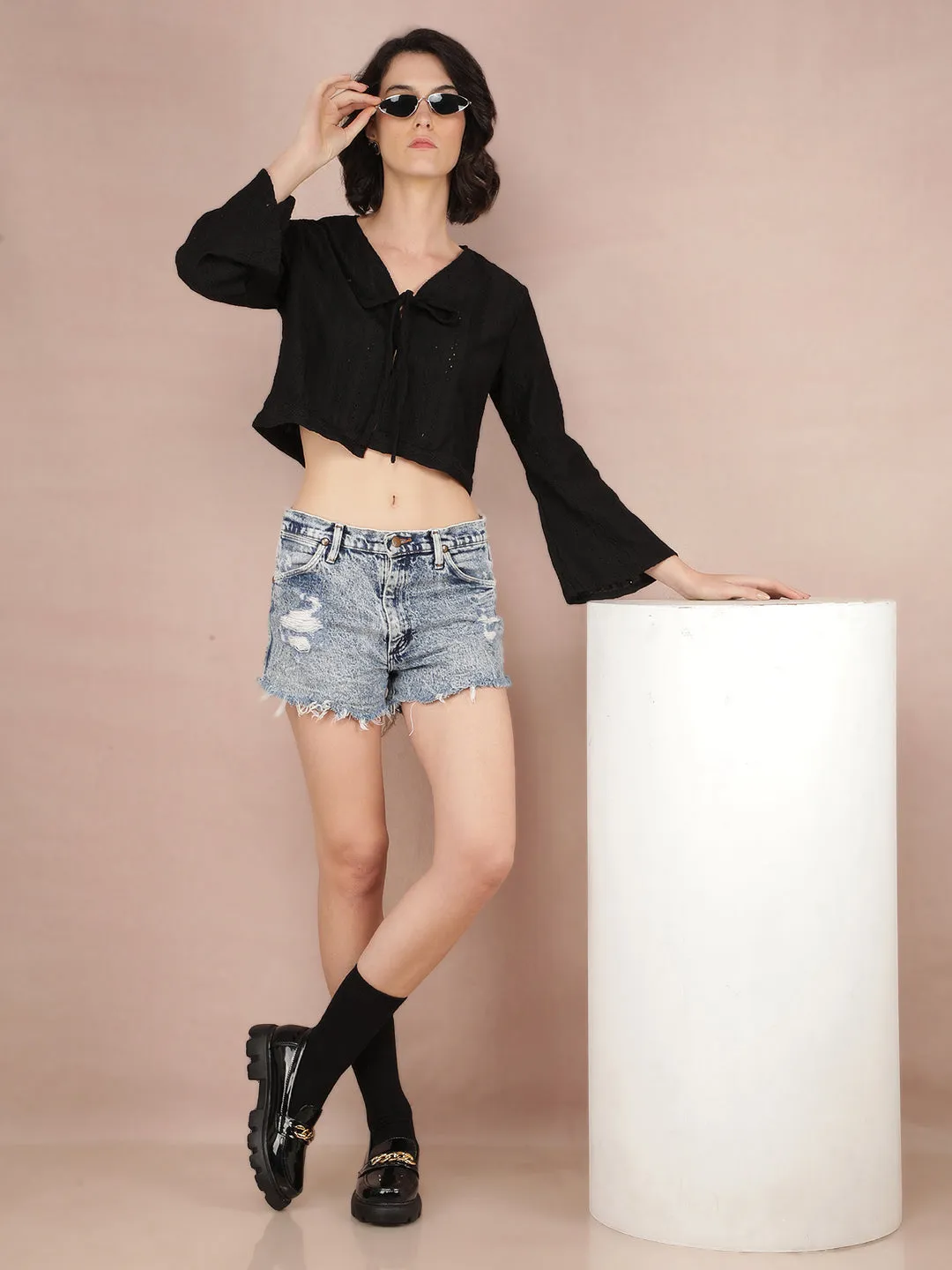 Black Jacquard V-Neck Crop Length Top