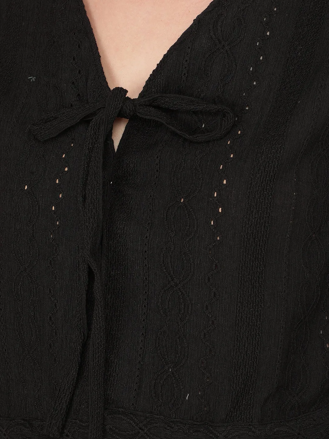 Black Jacquard V-Neck Crop Length Top