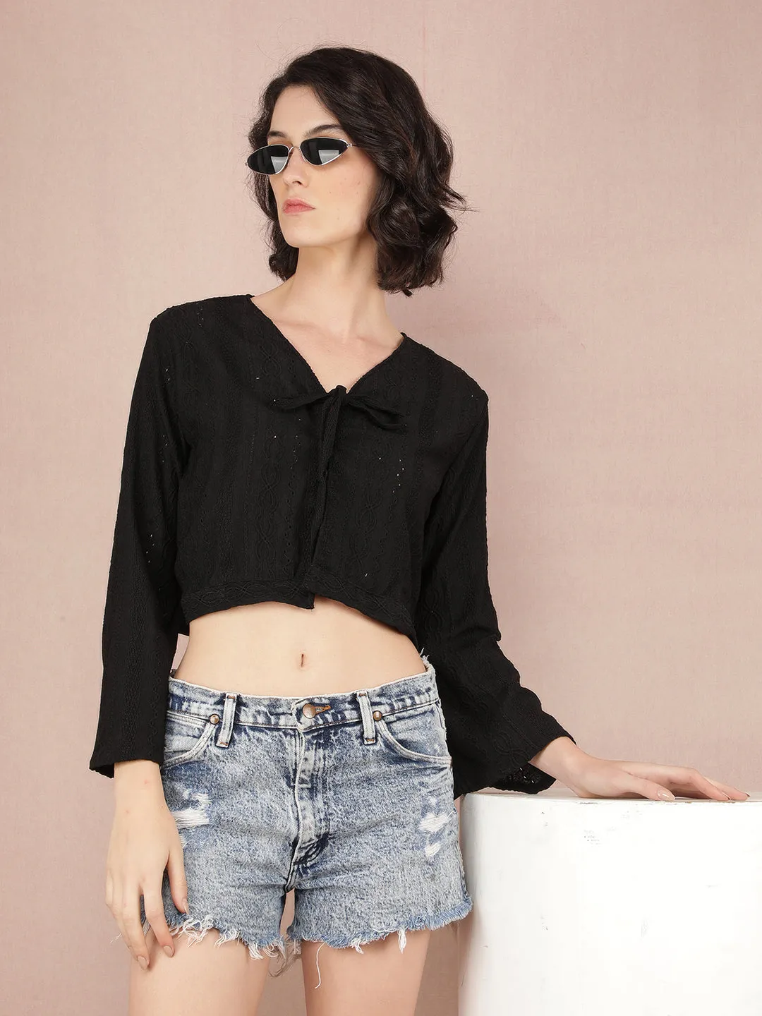 Black Jacquard V-Neck Crop Length Top
