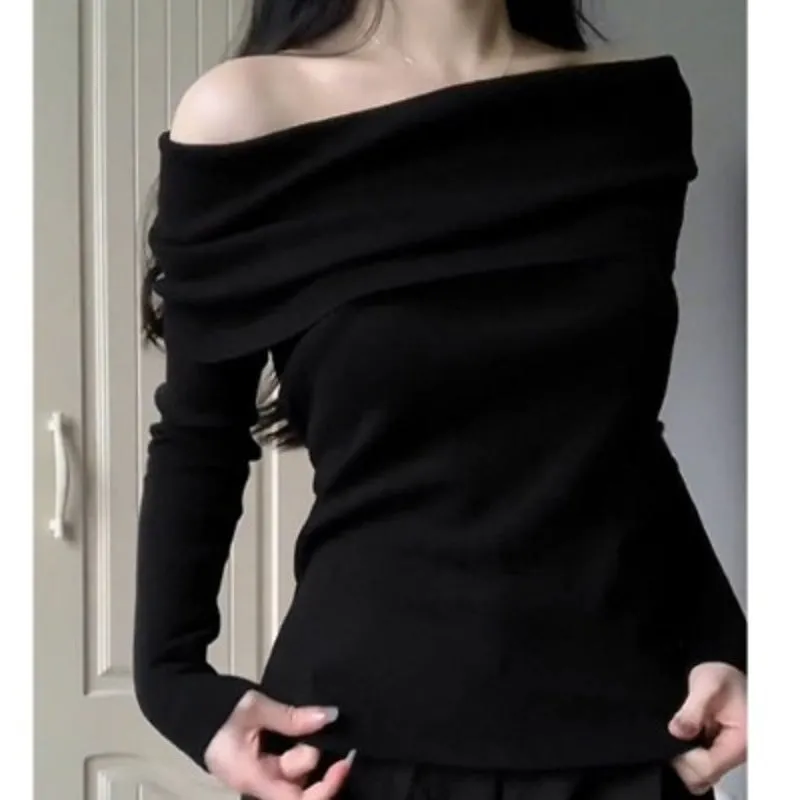 Black Off-Shoulder Pleated Knit Top