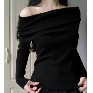 Black Off-Shoulder Pleated Knit Top