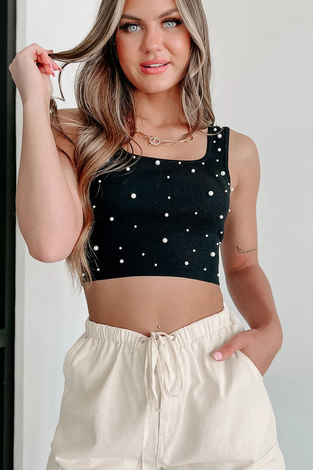 Black Pearl Decor Square Neck Crop Tank Top