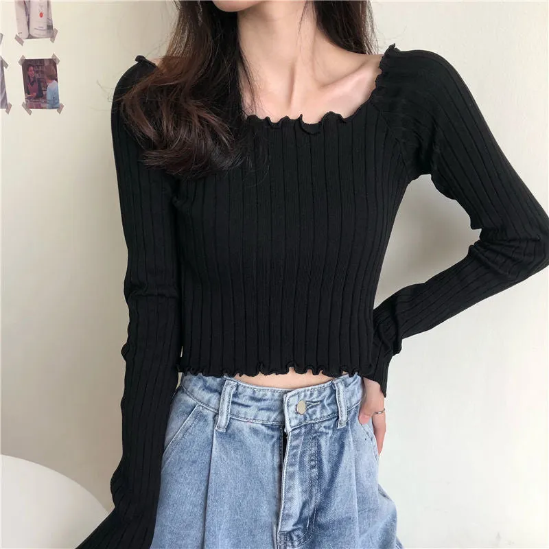 Black Scallop Hem Knit Top