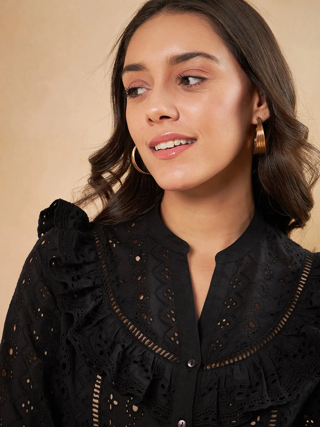 Black Schiffli Ruffle Detail Top