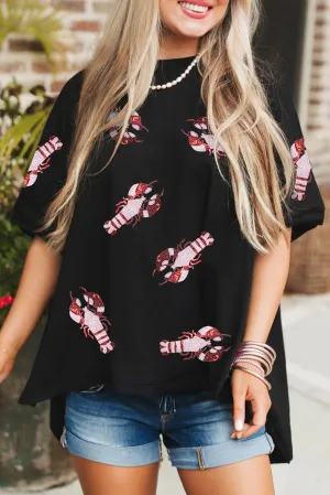 Black Sequin Crayfish Graphic Drop Sleeve High Low Tee