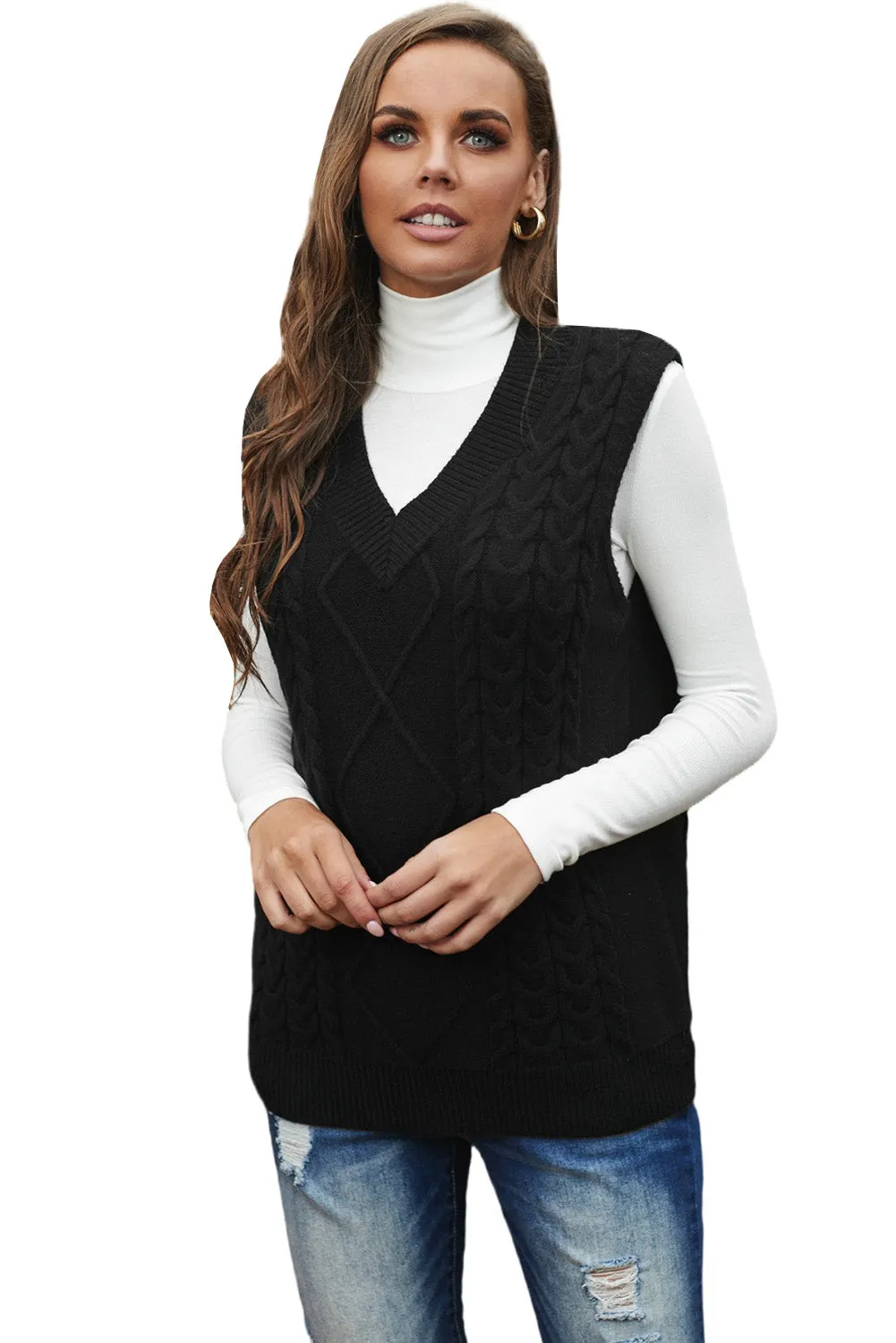 Black Sleeveless Cable Knitted Sweater Tank