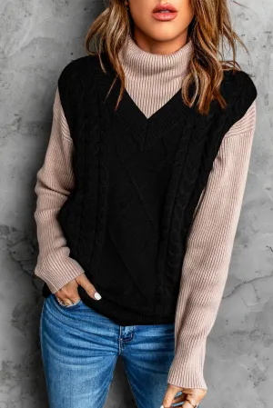 Black Sleeveless Cable Knitted Sweater Tank