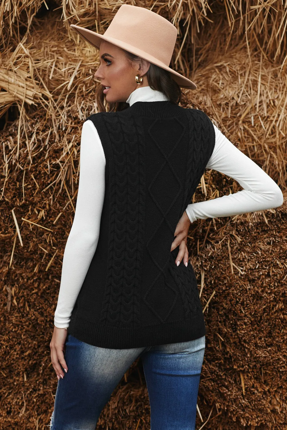 Black Sleeveless Cable Knitted Sweater Tank