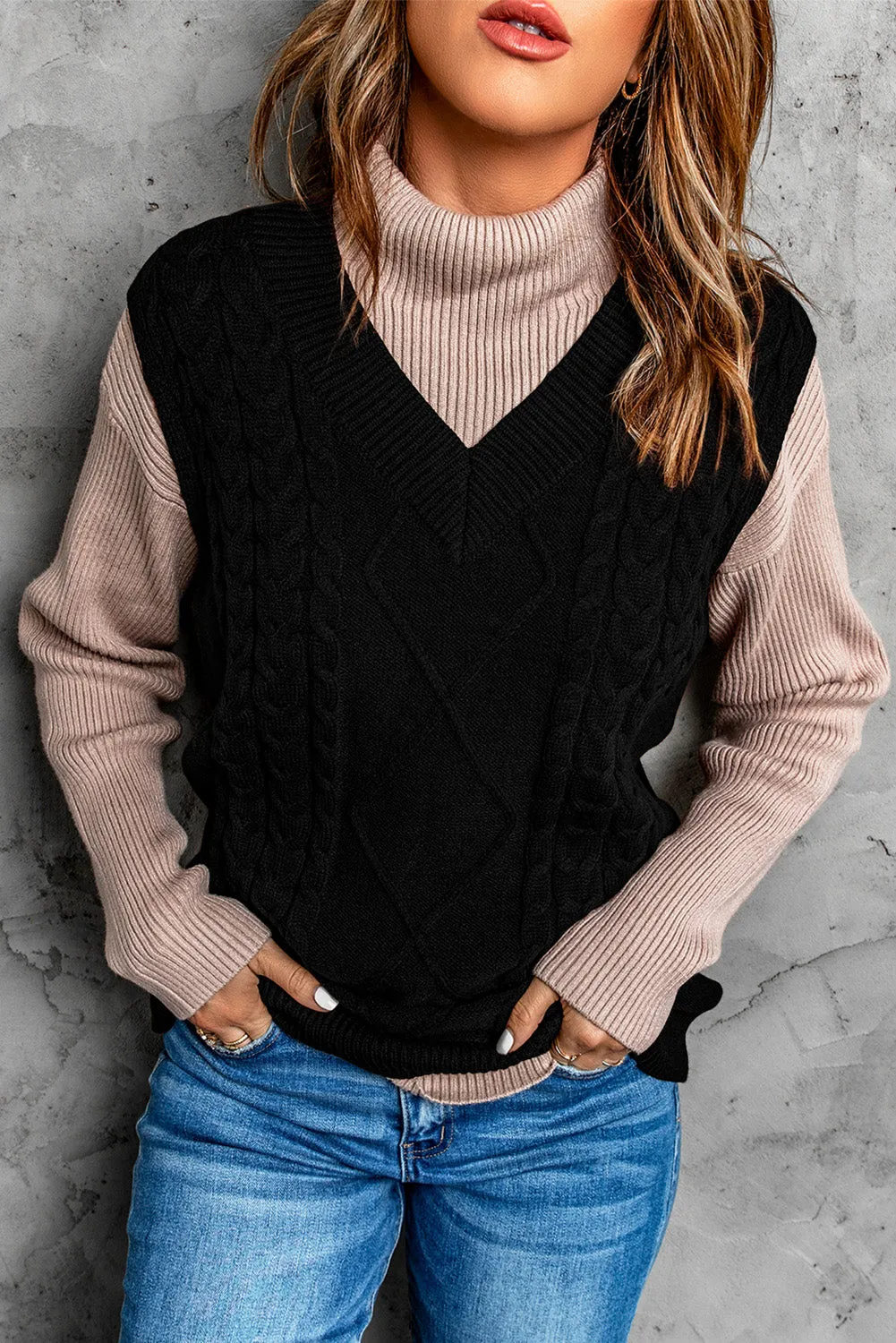 Black Sleeveless Cable Knitted Sweater Tank