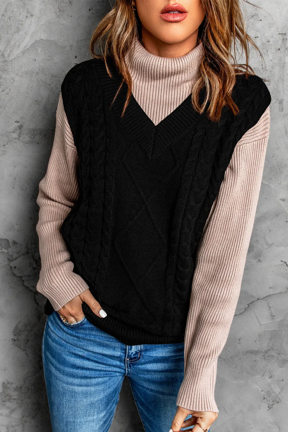 Black Sleeveless Cable Knitted Sweater Tank