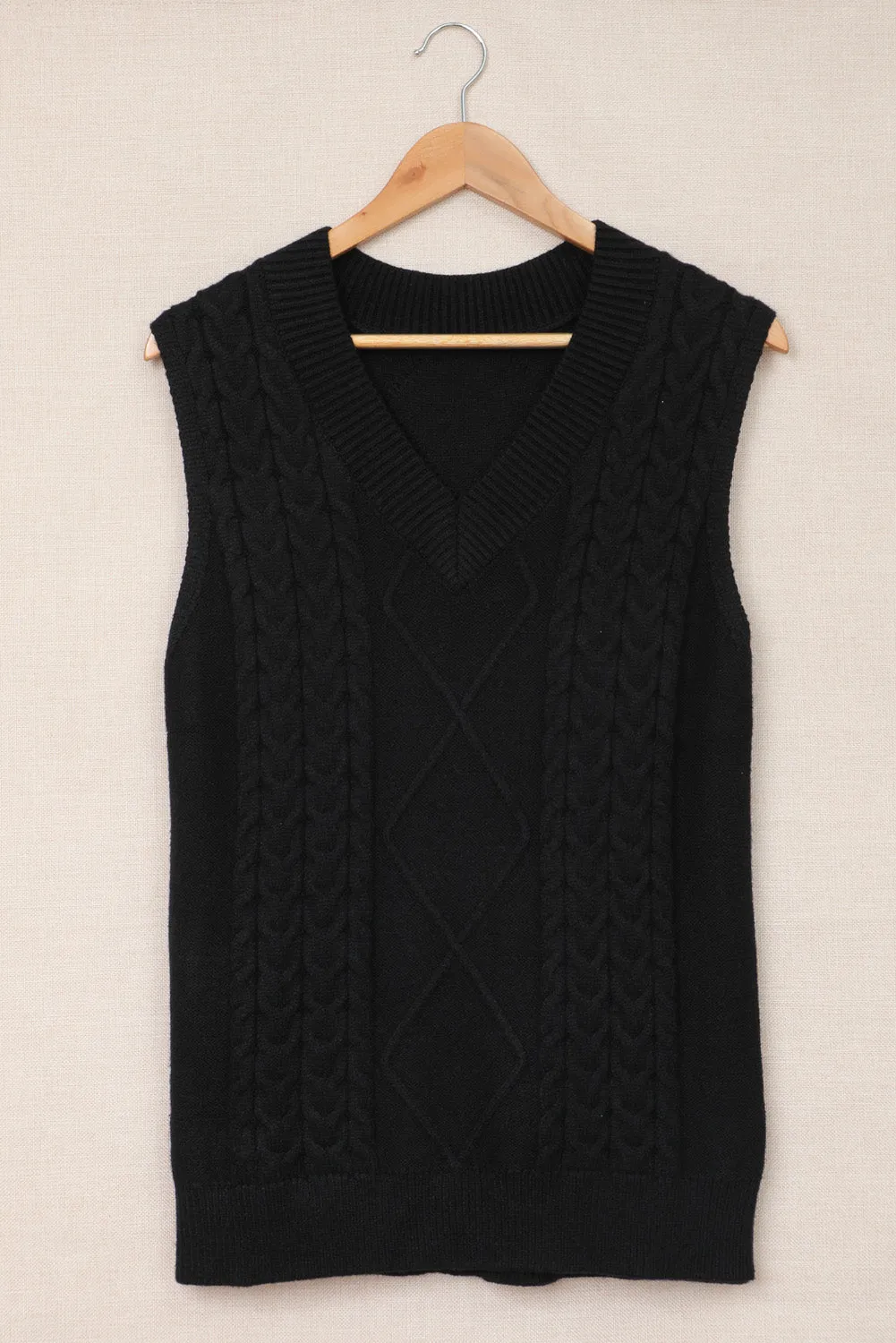 Black Sleeveless Cable Knitted Sweater Tank