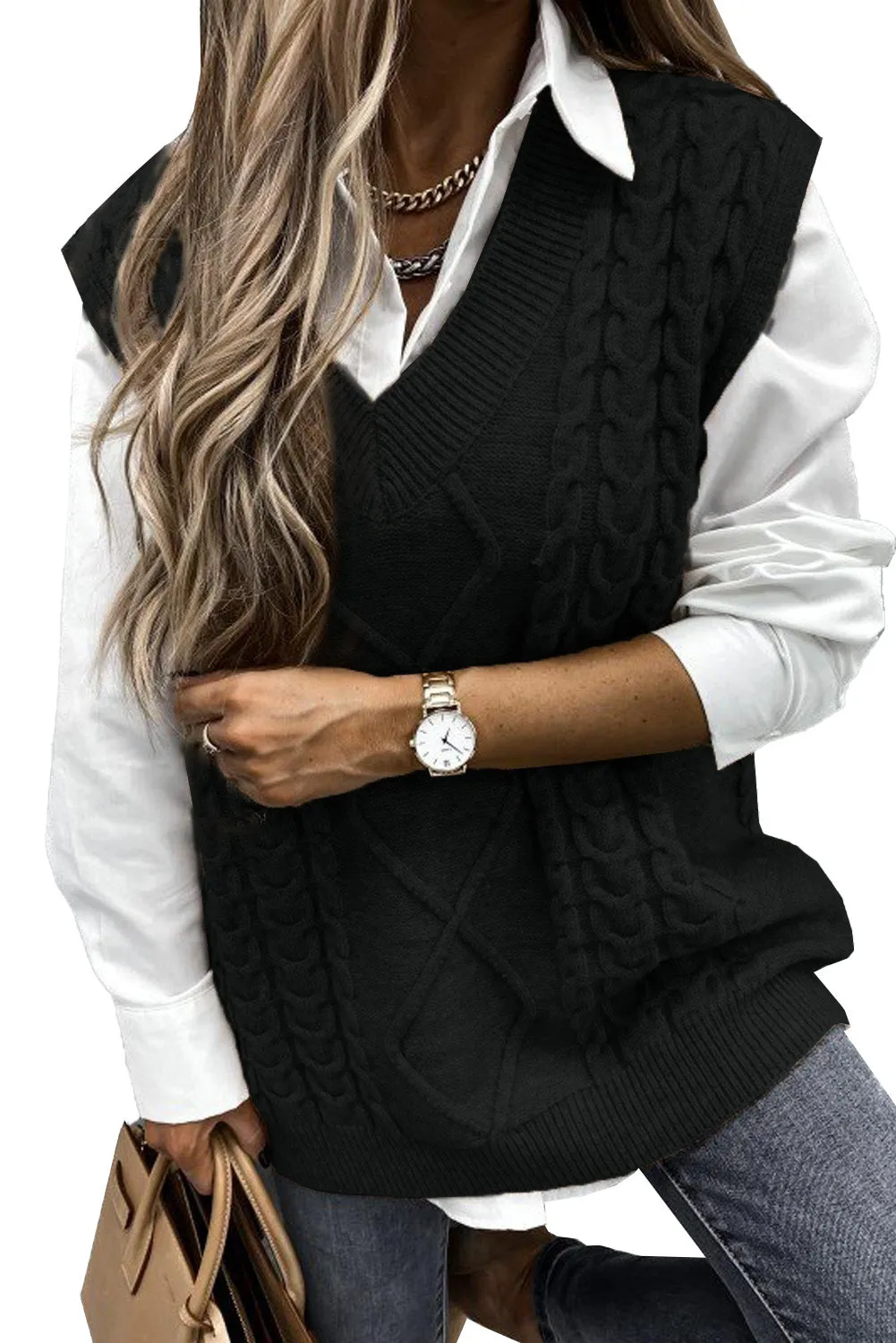 Black Sleeveless Cable Knitted Sweater Tank
