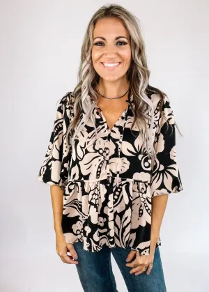 Black Tan Damask Floral Babydoll Top