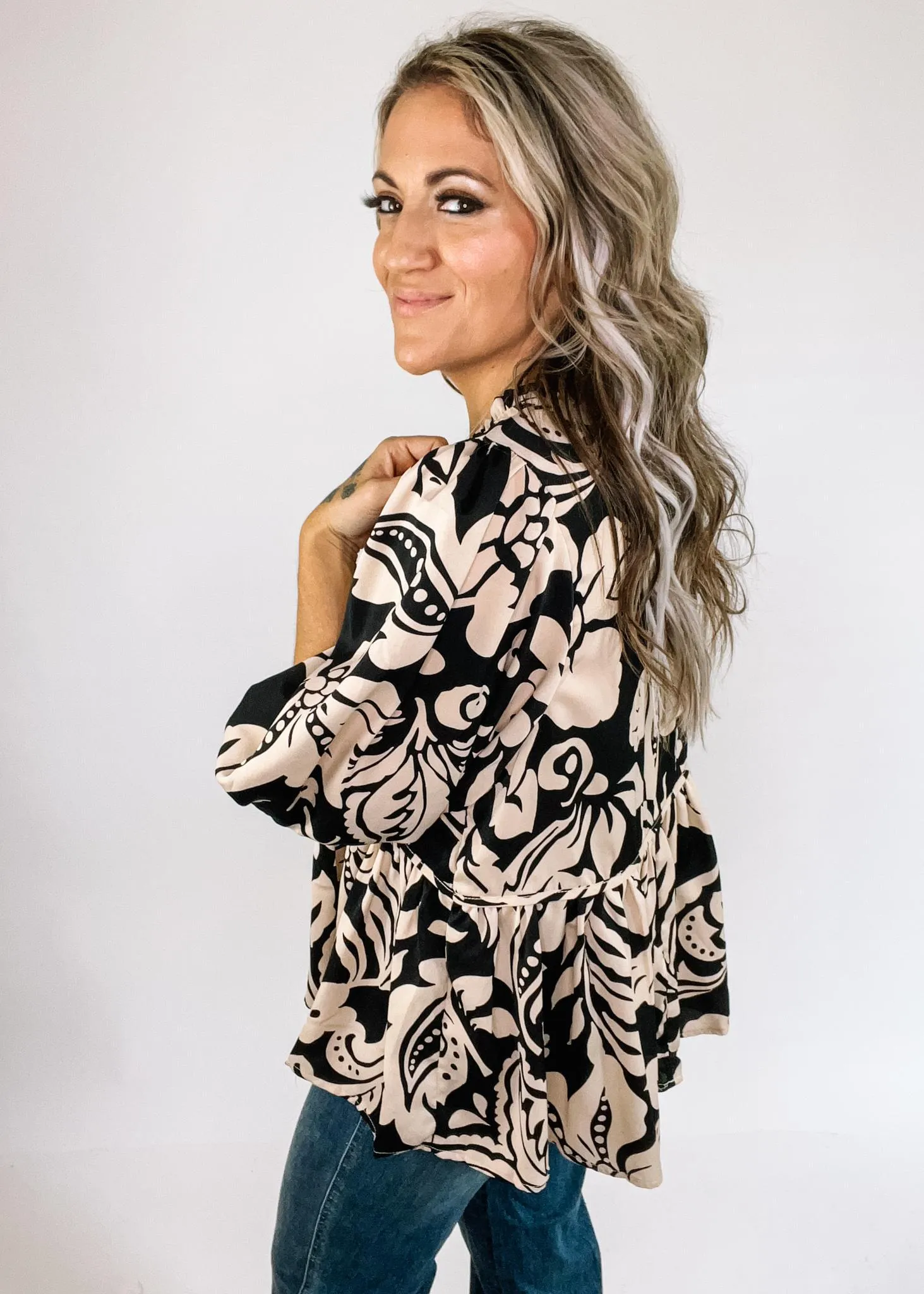 Black Tan Damask Floral Babydoll Top