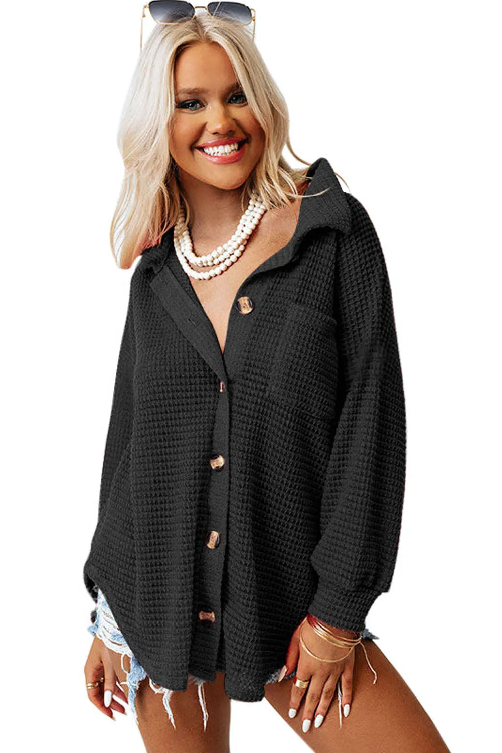 Black Waffle Knit Button Up Casual Shirt