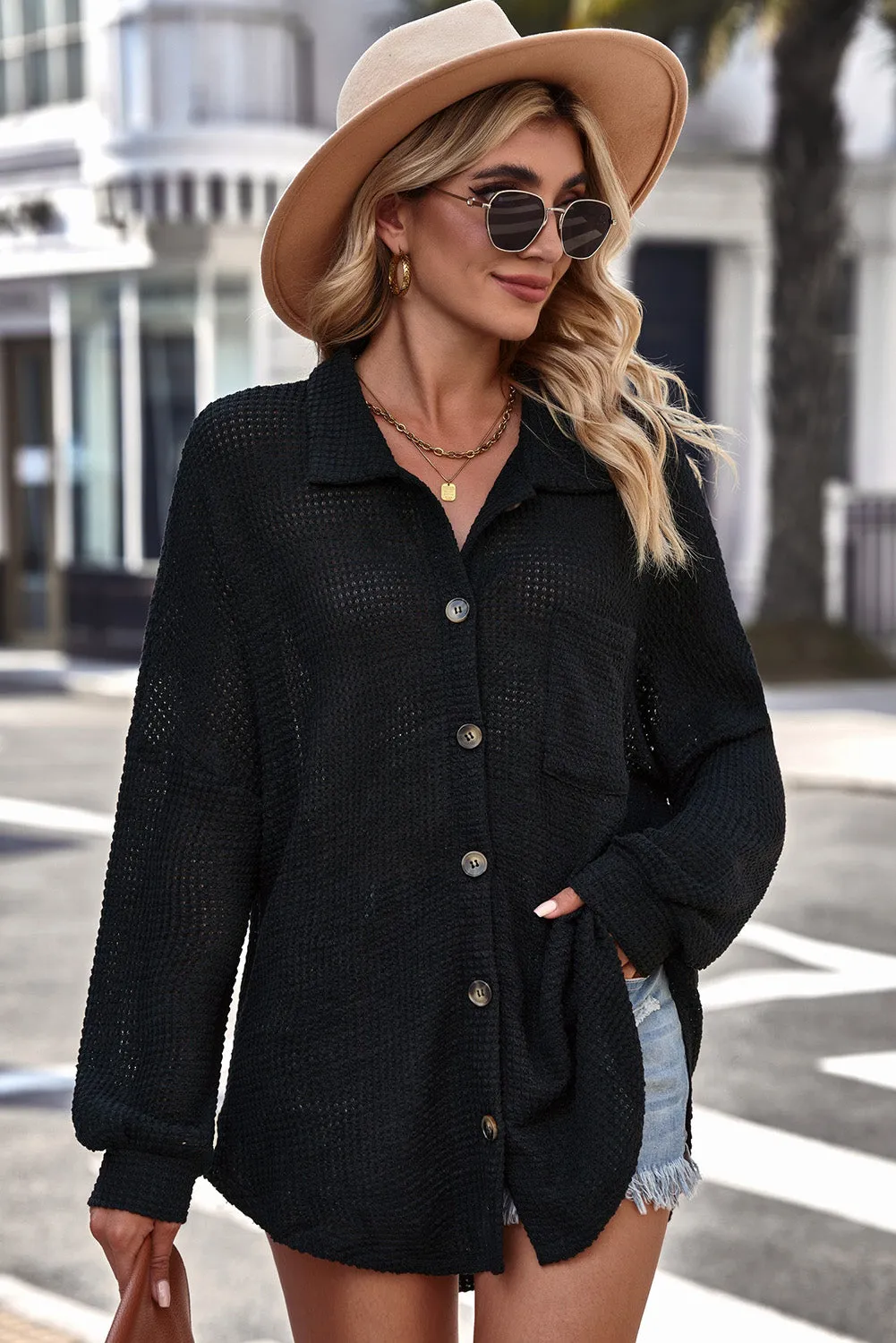 Black Waffle Knit Button Up Casual Shirt