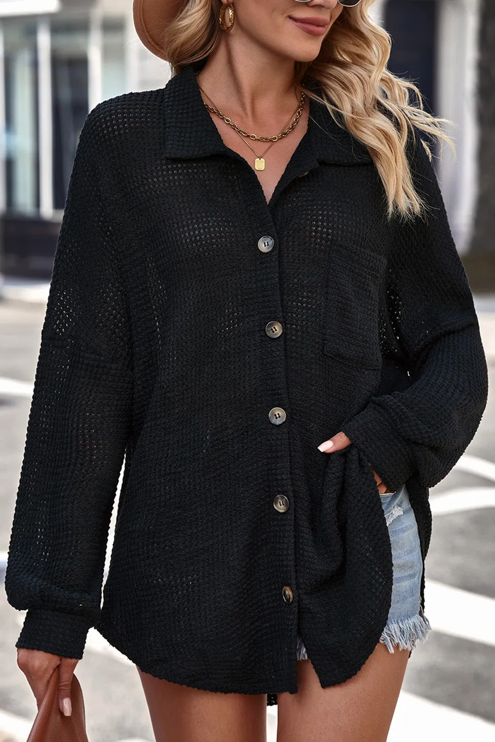 Black Waffle Knit Button Up Casual Shirt