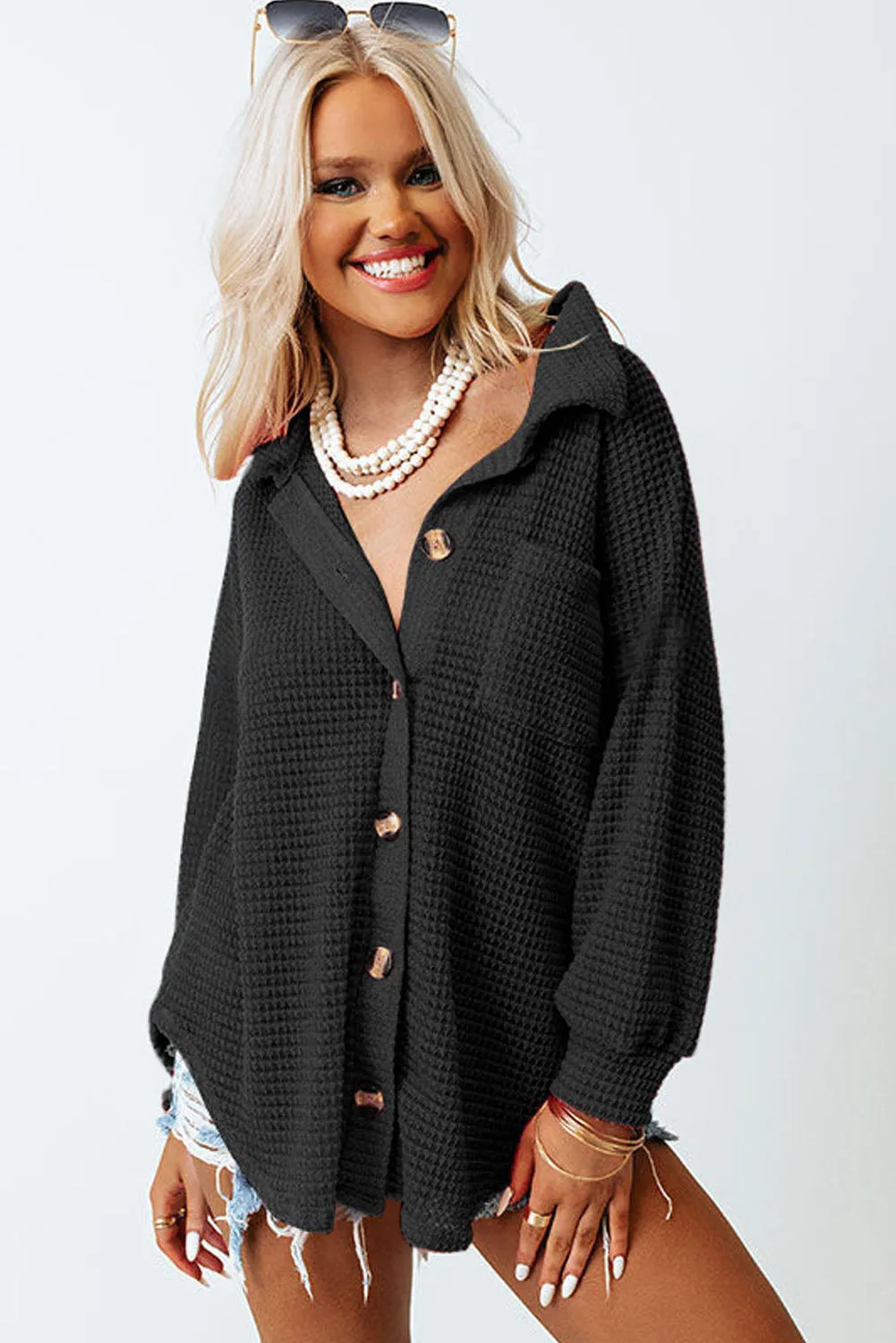 Black Waffle Knit Button Up Casual Shirt