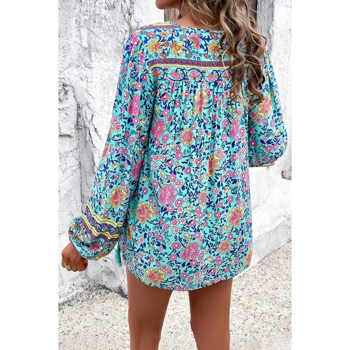 Blue All Over Floral Print Cross Deep V Boho Top