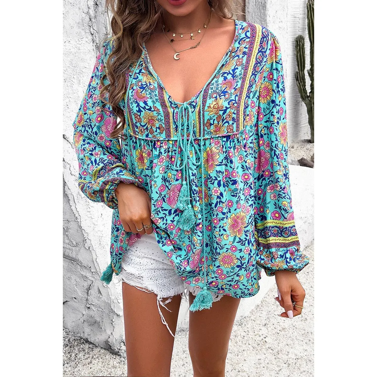 Blue All Over Floral Print Cross Deep V Boho Top