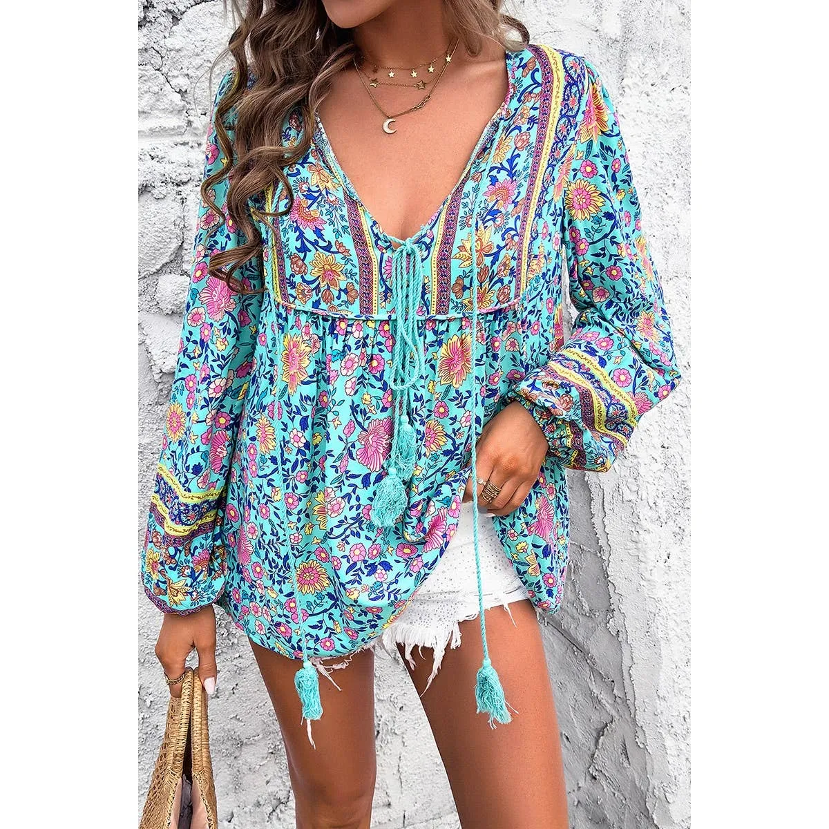 Blue All Over Floral Print Cross Deep V Boho Top