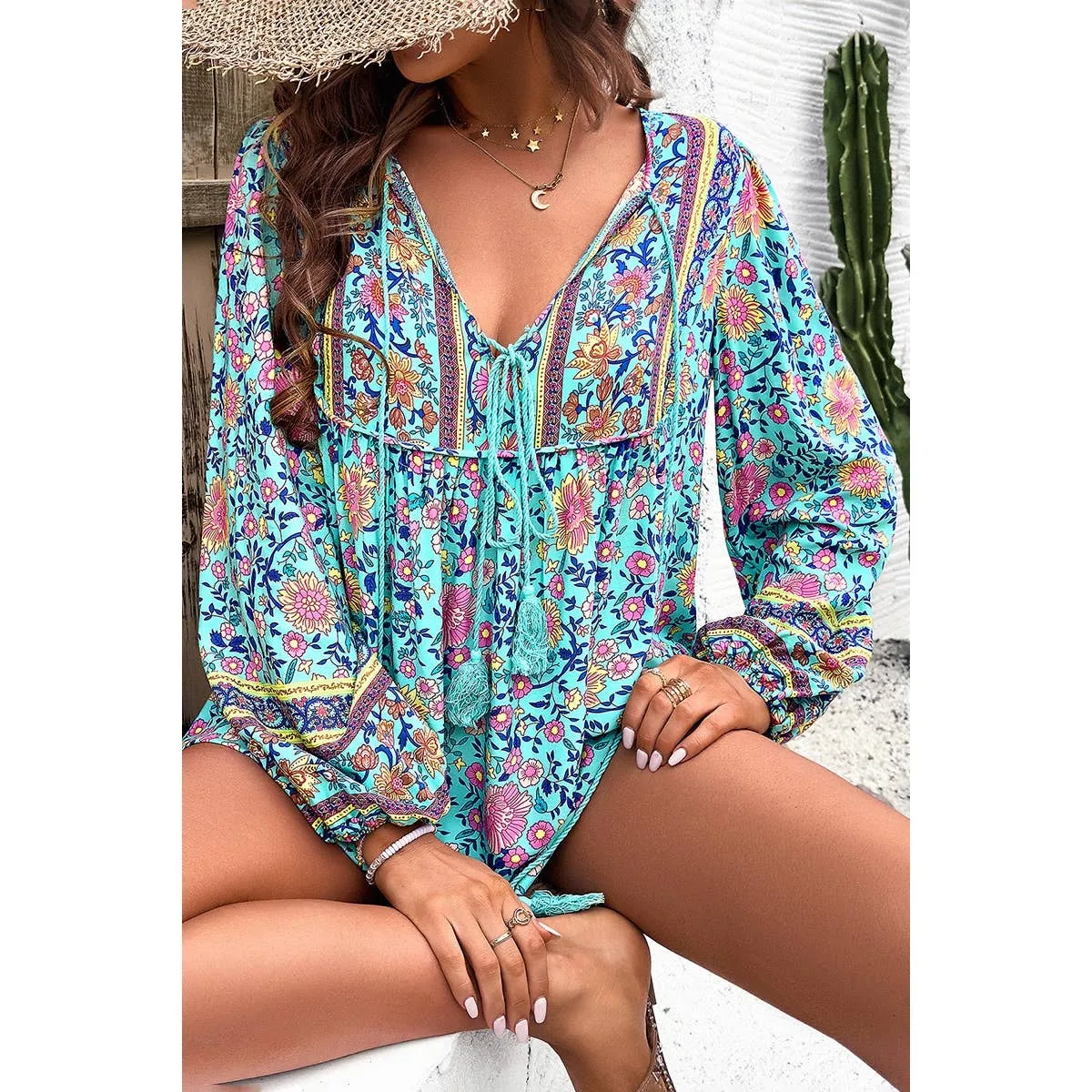 Blue All Over Floral Print Cross Deep V Boho Top
