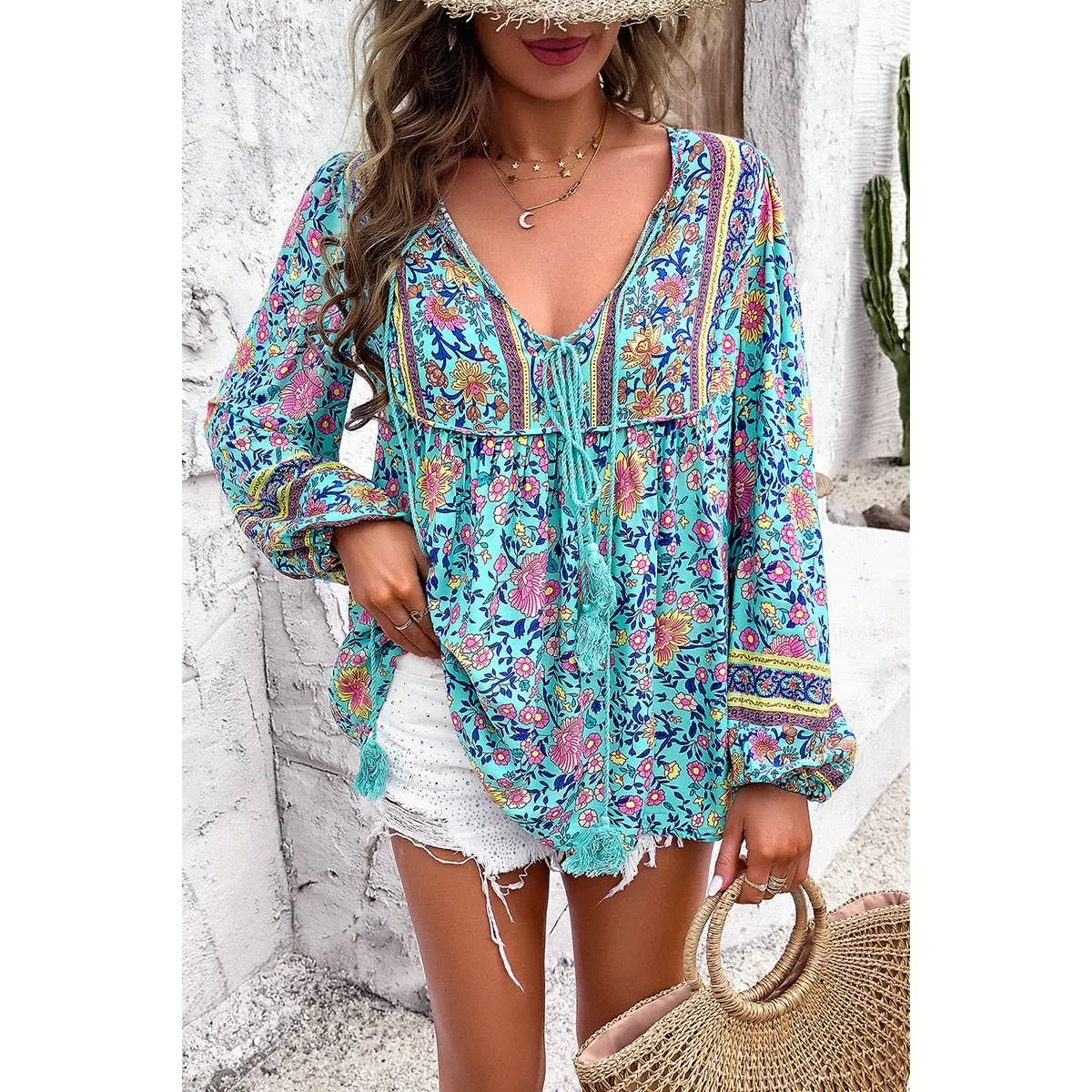 Blue All Over Floral Print Cross Deep V Boho Top