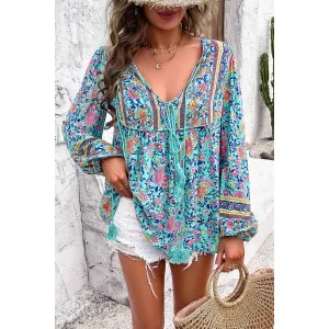 Blue All Over Floral Print Cross Deep V Boho Top