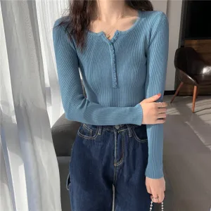 Blue Button Down Flat Knit Top