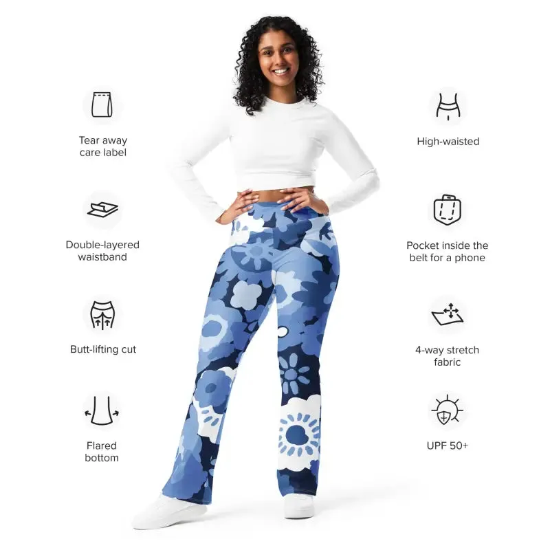 Blue Floral Flare Leggings with Butt-Lifting Cut for Bold Workouts