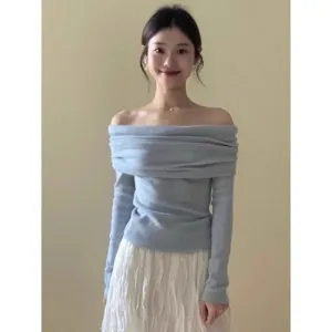 Blue Off-Shoulder Knit Top