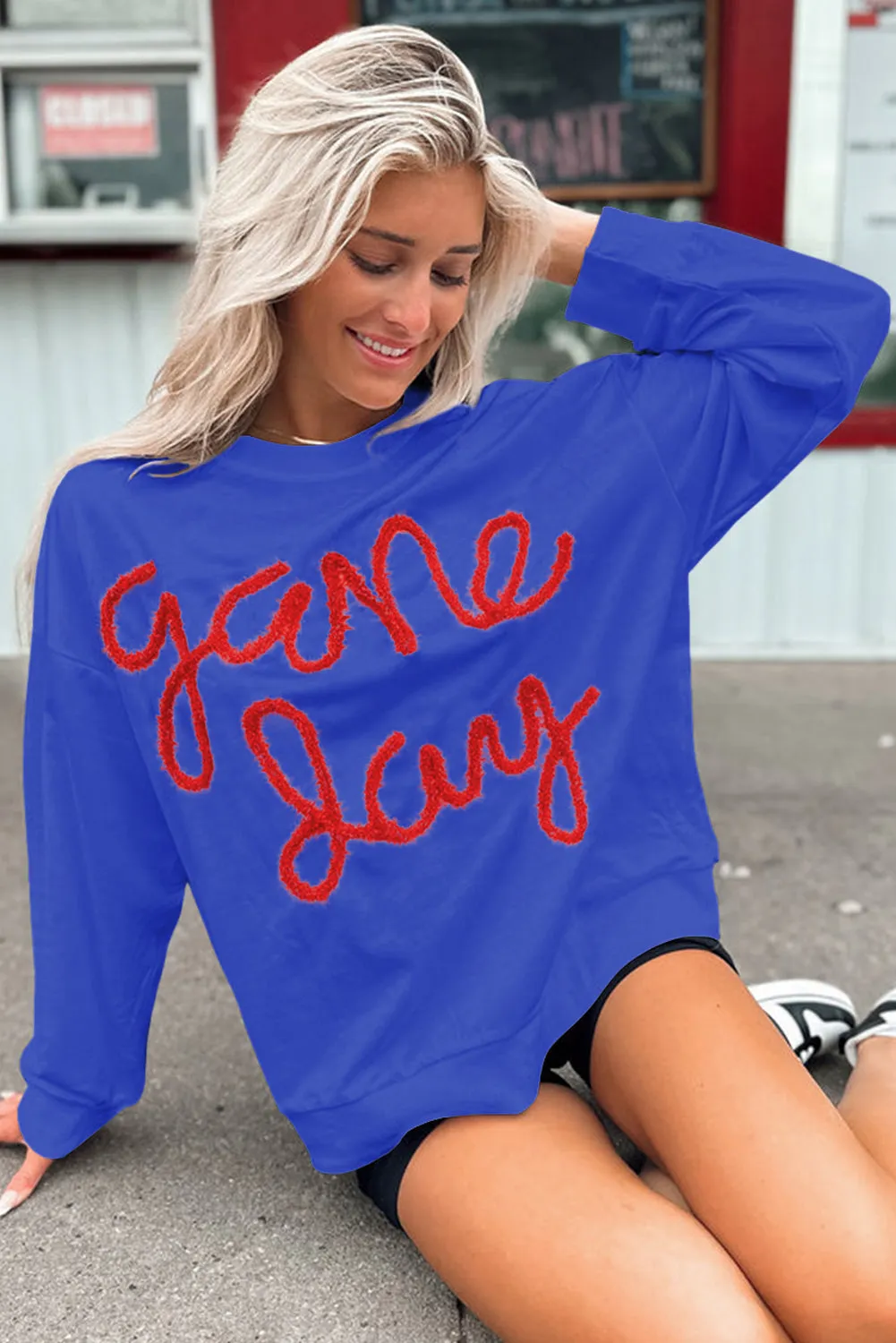 Blue Tinsel Game Day Graphic Sweatshirt