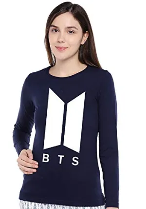 bluehaaat Women's Slim Fit BTS Graphic Printed Full Sleeve Cotton T Shirt Tops (Navy Blue;Medium)