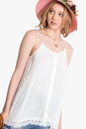 Boho Scallop Lace Trim Detailed Button Down Solid Subtle Textured Slit Side Overlay Layered Cami Top