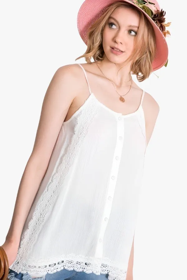 Boho Scallop Lace Trim Detailed Button Down Solid Subtle Textured Slit Side Overlay Layered Cami Top