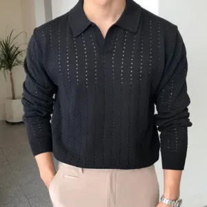 Bonsir Casual Solid Knit Polo Shirt Men Autumn Fashion Turn-down Collar Long Sleeve Pullovers Tops For Mens Clothes Slim Knitting Polos