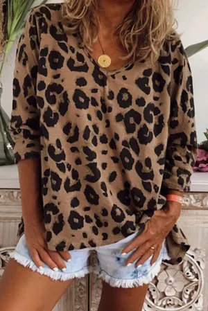 Brown Casual Leopard Split Joint Basic V Neck Tops