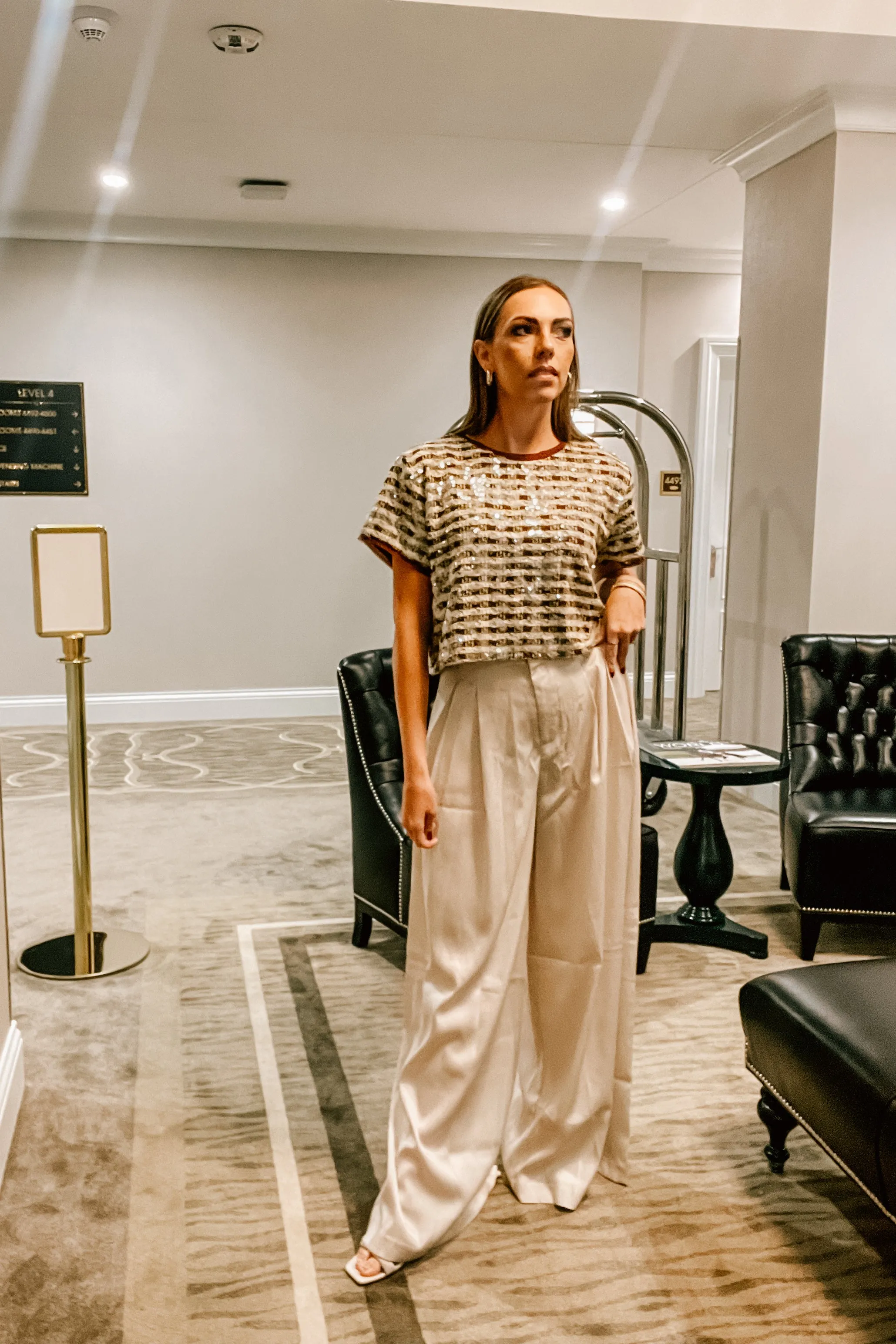 Brown Cream Check Sequin Crop