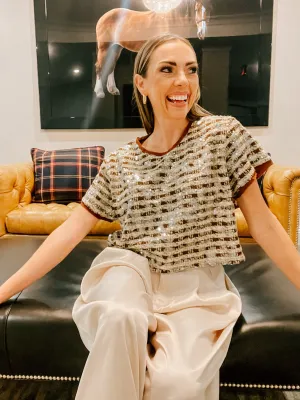 Brown Cream Check Sequin Crop
