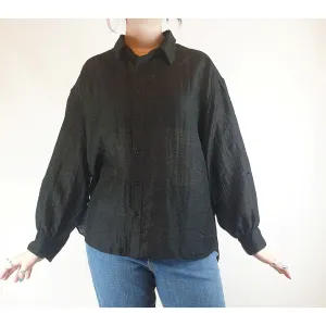 Bul pre-owned black tencil mixed shirt with subtle print thoughout size 14 (best fits size 12-small 14)