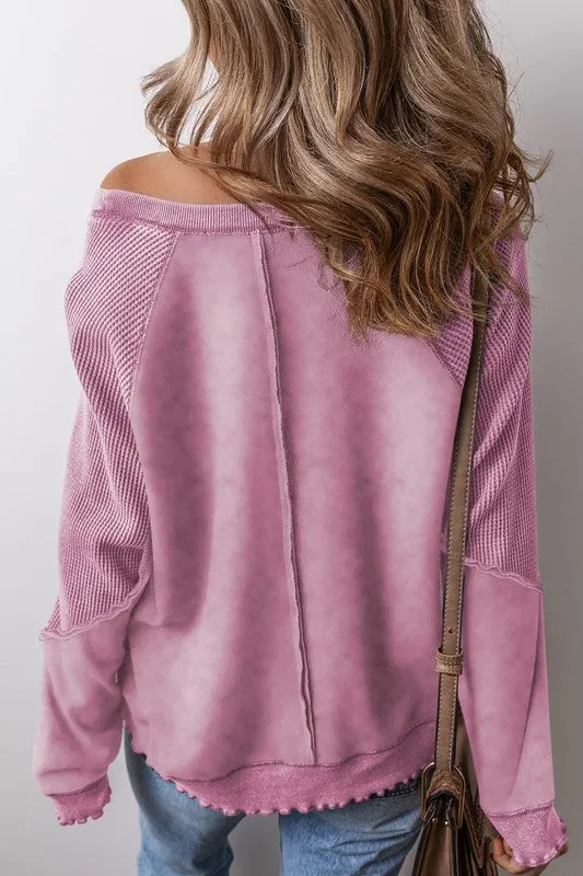 Burnette Waffle Knit Patchwork Exposed Seam Raglan - Pink