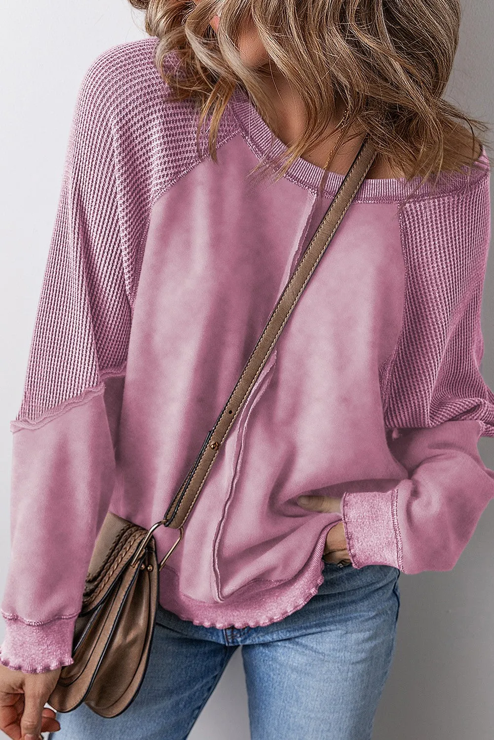 Burnette Waffle Knit Patchwork Exposed Seam Raglan - Pink