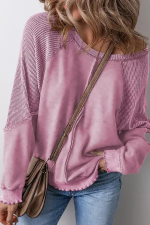 Burnette Waffle Knit Patchwork Exposed Seam Raglan - Pink