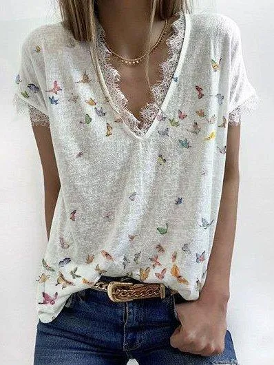Butterfly Short Sleeve Casual Shift Shirts & Tops