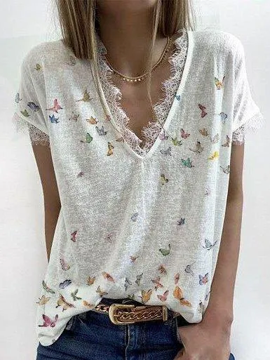 Butterfly Short Sleeve Casual Shift Shirts & Tops