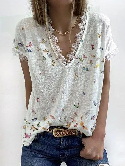 Butterfly Short Sleeve Casual Shift Shirts & Tops