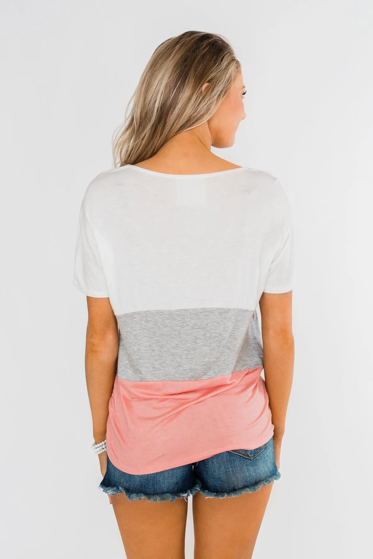 By My Side Criss Cross Color Block Top- Ivory, Grey, Pink